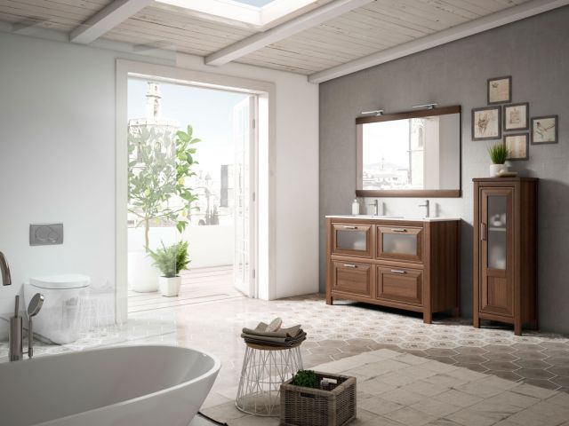 Conjunto baño madera puerta trampón